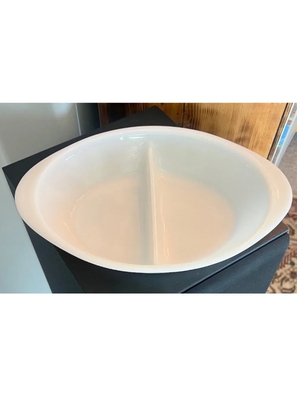 Vintage milkglass divided casserole dish, Glasbake, MCM, green daisy